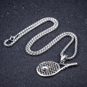 Collier chaîne box en acier inoxydable argenté avec pendentif raquette de tennis et balle