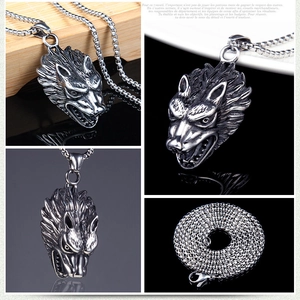 Collana con ciondolo a testa di lupo vintage da uomo in stile punk rock argento