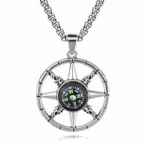 Silver compass pendant necklace for men and women with functional green markers and O-chain