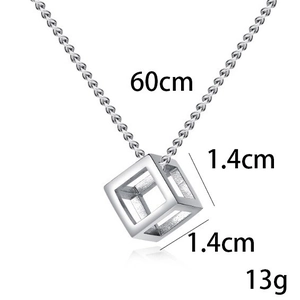 Polished silver hollow cube pendant necklace with 60cm twist chain for men and women