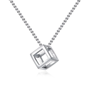 Minimalist silver geometric hollow cube pendant necklace with fine woven chain for men and women