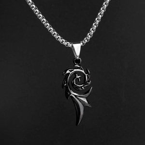 Vintage punk flame pendant necklace in black titanium steel with a silver box chain