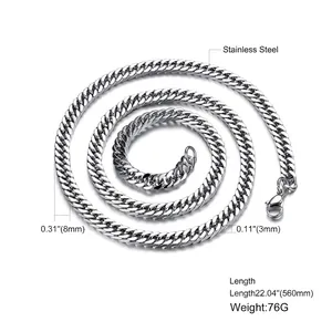 Polished 8mm stainless steel curb chain necklace for men with lobster clasp closure
