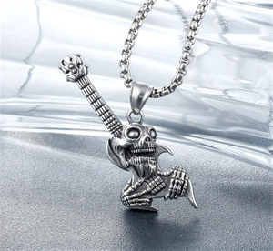 Punk gothic skull electric guitar pendant necklace in vintage stainless steel finish