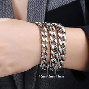 Men's silver Cuban link bracelets in 10mm, 12mm, and 14mm widths on wrist