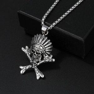 Vintage titanium steel Indian skull necklace with feather headdress and box chain