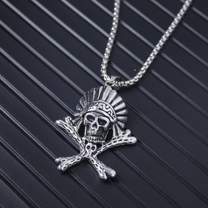 Detailed view of vintage titanium steel skull pendant with Indian feather headdress