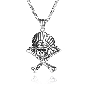 Detailed close-up of retro titanium steel necklace with Indian skull and crossed bones