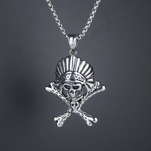 Titanium steel Indian skull necklace with feather war bonnet pendant and box chain
