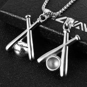 Pendenti con doppie mazze da baseball su catene in acciaio inossidabile argento lucido