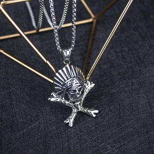 Vintage Indian skull pendant necklace in silver stainless steel with box chain for men