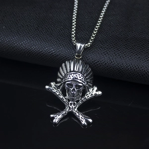 Macro shot of silver titanium steel skull pendant with Indian feather headpiece and bead chain
