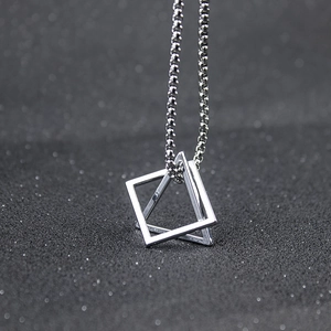 Minimalist geometric square and triangle pendant necklace in polished silver steel