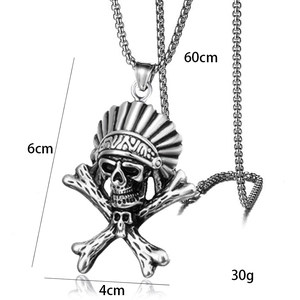 Vintage titanium steel skull necklace with Indian chief headdress and crossbones pendant
