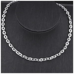 Polished silver stainless steel oval link chain necklace displayed on a neck bust