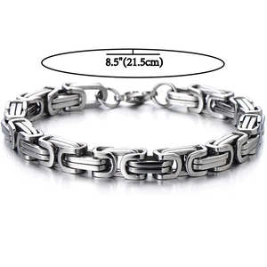 Men's polished stainless steel Byzantine chain bracelet in silver finish, 8.5 inches length