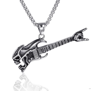 Retro Hip Hop Rock Guitar Skull Pendant Necklace For Men Stainless Steel Alloy Musical Instrument Sign Of Horns Jewelry