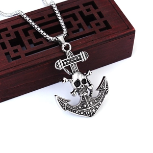 Vintage stainless steel pirate anchor necklace with skull pendant and bead chain