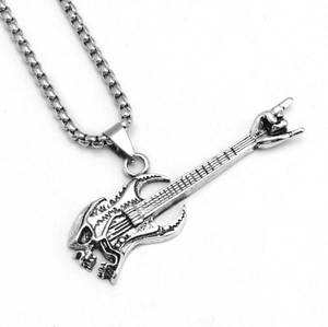 Vintage stainless steel skull electric guitar pendant necklace with punk rock hand gesture