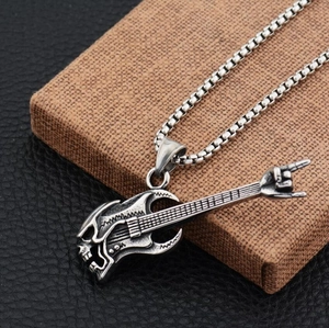 Retro stainless steel guitar pendant necklace with rock hand symbol and box chain