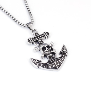 Vintage pirate anchor necklace with skull and crossbones pendant on bead chain