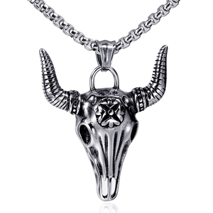 Retro stainless steel bull skull pendant necklace with longhorn design for men