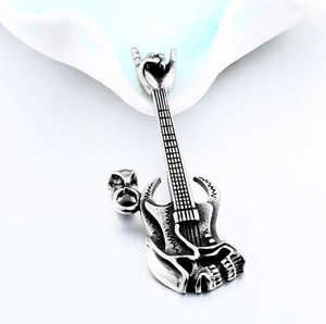 Vintage punk rock electric guitar pendant with skull and sign of the horns gesture detail