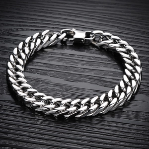 Mens thick silver Cuban link bracelet in polished stainless steel with lobster clasp