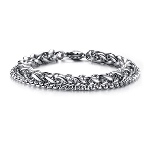 Men Double Layer Stainless Steel Wheat Chain And Box Chain Bracelet Silver Punk Hip Hop Jewelry Gift For Him