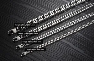 Silver Cuban link chain bracelets in four sizes with lobster clasps on wood background