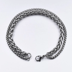 Detail of men's double-layer titanium steel bracelet with wheat and box chain styles