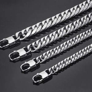 Polished stainless steel Cuban chain necklaces for men in multiple widths with lobster clasps