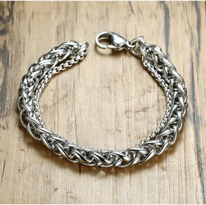 Men's double layer stainless steel chain bracelet with wheat and box link design