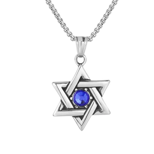 Detail of hexagram steel necklace with round blue zircon inlay on white background