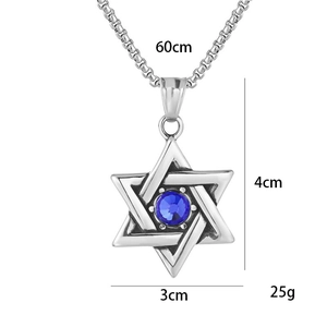 Vintage stainless steel hexagram necklace with central blue crystal pendant for men