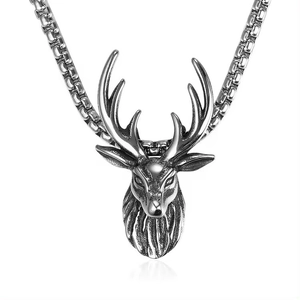 Men Deer Head Pendant Necklace With Stainless Steel Chain Vintage Alloy Stag Reindeer Antlers Retro Hip Hop Punk Jewelry