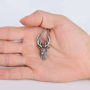 Retro titanium steel deer head pendant necklace with vintage silver finish for women