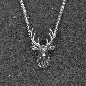Retro stainless steel deer head pendant necklace with box chain for men and women