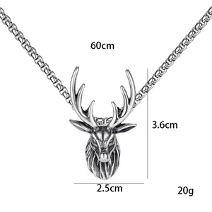 Vintage titanium steel stag head pendant necklace with box chain and dimensions shown