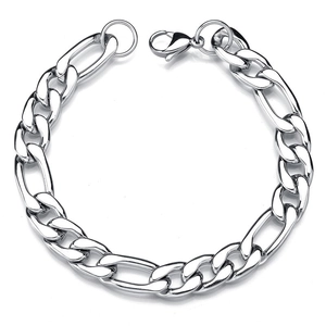 Polished stainless steel Figaro chain bracelet with lobster clasp on white background