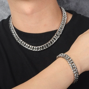 Ensemble collier et bracelet maille cubaine en acier inoxydable argenté poli pour hommes