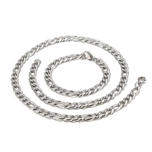 Polished stainless steel Figaro chain necklace and bracelet set with lobster clasp