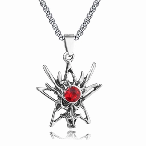 Collier pendentif tête de dragon punk avec grand zircon rouge en argent poli