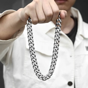 Men's silver polished stainless steel Cuban link chain necklace with hexagonal clasp