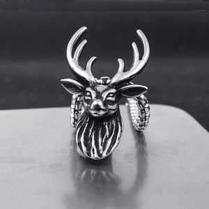 Vintage stag head titanium steel ring with intricate antlers and matte silver finish