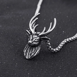 Vintage stainless steel stag head pendant necklace with intricate antler details for men