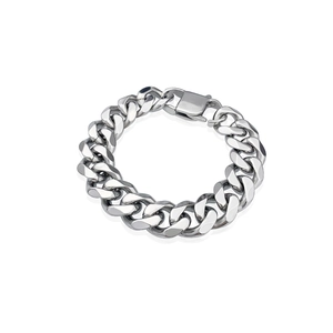 Detailed view of heavy silver cuban link chain bracelet with a smooth rectangular clasp