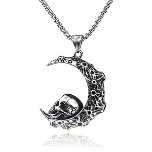 Gothic crescent moon and skull pendant necklace in vintage titanium steel box chain