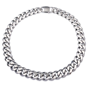 Close-up of industrial silver stainless steel Cuban link chain with a square clasp detail