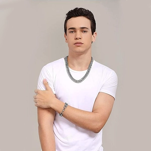 Men's silver Cuban link chain necklace and bracelet set in polished stainless steel